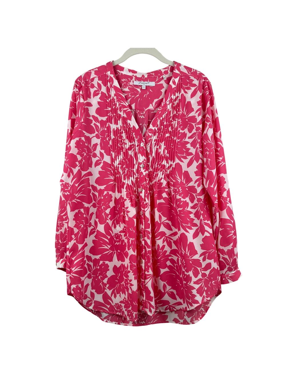 Foxcroft NYC Floral Pintuck Blouse Womens 12 Pink White Button Front Top